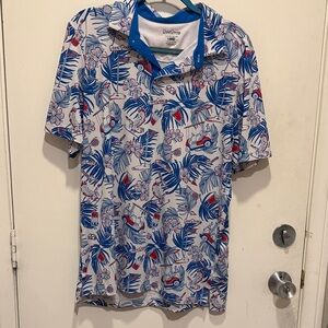 Good Good Golf Men's red, white and Blue golf shirt with Hawaii themed golf cart